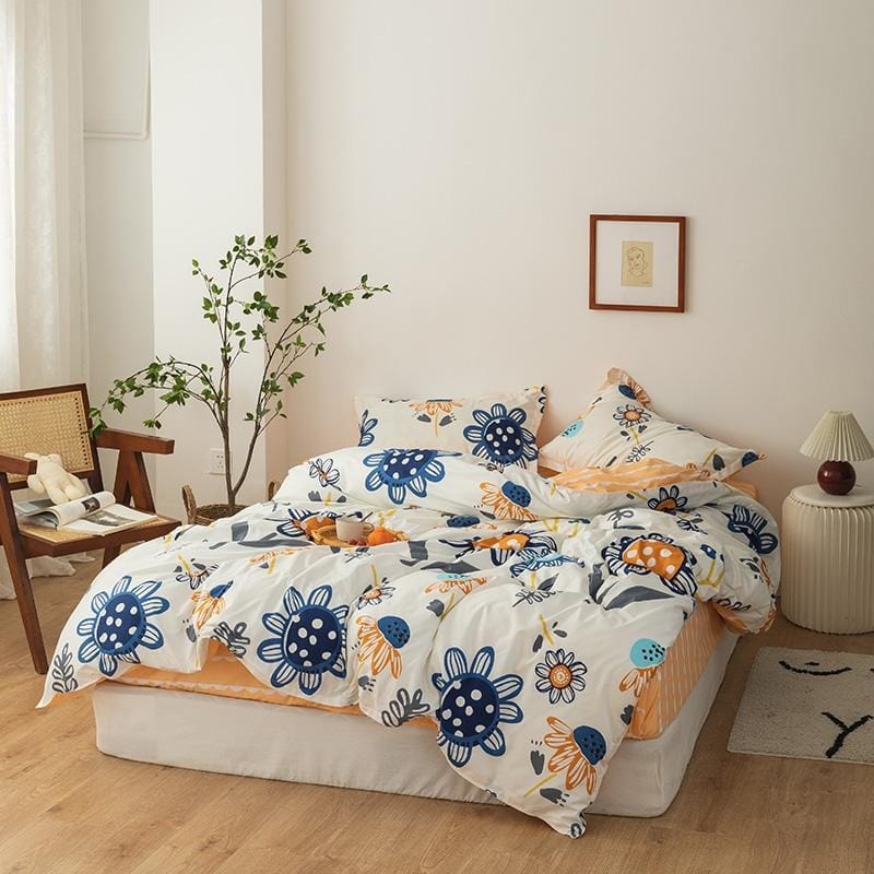 Béžový Povlak Na Přikrývku Malé Modré Květy